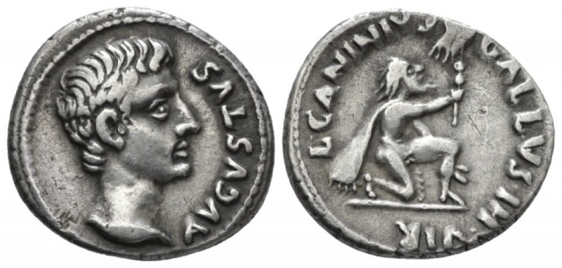 Octavian as Augustus, 27 BC – 14 AD Denarius circa 12 BC, AR 18mm., 3.68g. Bare ...