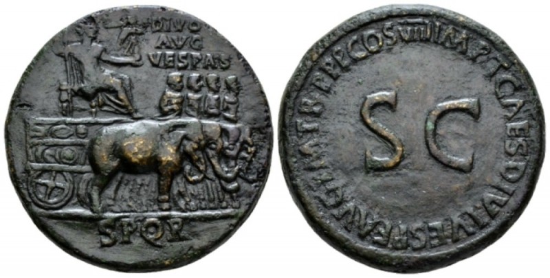 Divus Vespasianus. Sestertius circa 80-81, Æ 33.7mm., 24.12g. Seated statue of D...