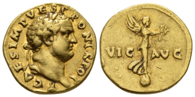 Titus caesar, 69 – 79. Aureus circa 72-73, AV 19mm., 7.10g. Laureate head r. Rev...