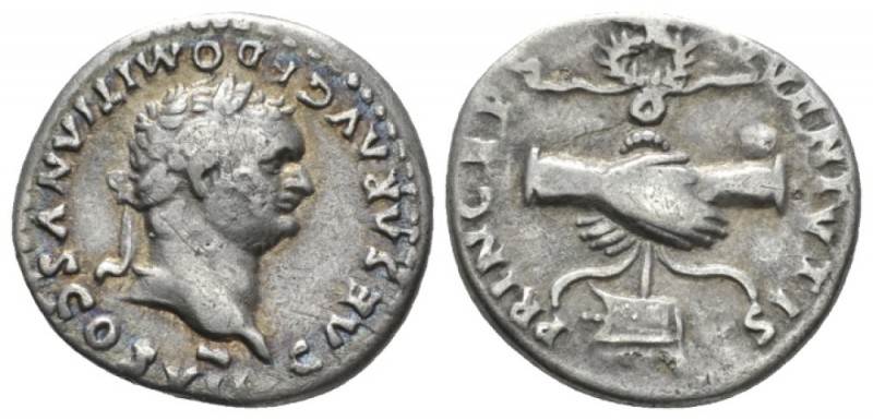 Domitian caesar, 69-81. Denarius circa 80, AR 17mm., 3.32g. Laureate head r. Rev...