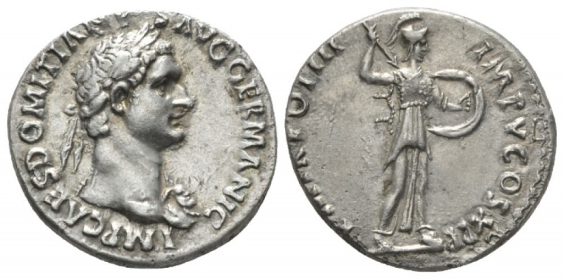 Domitian, 81-96 Denarius plated circa 84, AR 19mm., 3.31g. Laureate bust r., wea...