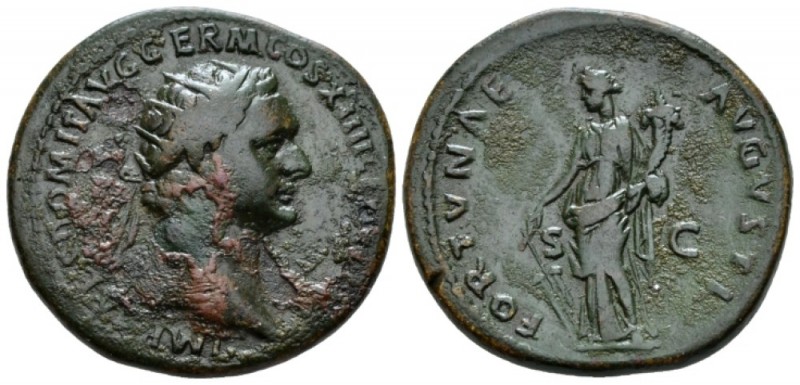 Domitian, 81-96 Dupondius circa 88-89, Æ 30mm., 14.72g. Radiate head r. Rev. For...