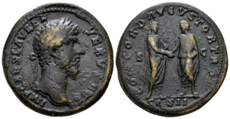 Lucius Verus, 161-169 Sestertius circa 161, Æ 33mm., 23.80g. Laureate head r. Re...