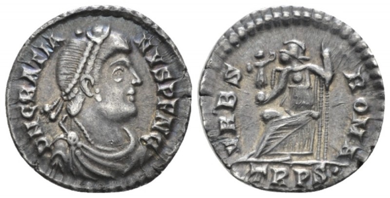 Gratian, 367-383 Siliqua Treveri circa 367-375, AR 18mm., 1.95g. Pearl-diademed,...