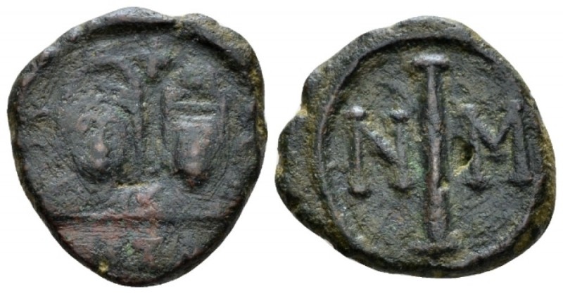 Justin II, 565-578 Decanummum Cyzicus 572-573, Æ 20mm., 5.09g. Facing busts of J...