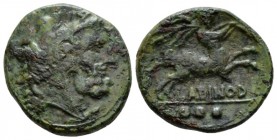 Frentani, Larinum Teruncius circa 210-175 BC, Æ 20mm., 5.90g. Head of Heracles r., wearing lion's skin headdress. Rev. Centaur leaping r., holding bra...