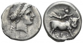 Campania, Neapolis Nomos circa 300-270, AR 20mm., 7.32g. Head of nymph r.; before, AP monogram; behind, Artemis holding two torches running r. Rev. Ma...