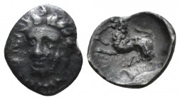 Campania, Phistelia Obol circa 325-275, AR 11mm., 0.75g. Female head facing. Rev. Lion crouching l.; below, snake. SNG Copenhagen 577. SNG ANS 587. Hi...