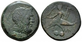 Apulia, Brundisium Bronze circa 215, Æ 27mm., 20.81g. Laureate head of Neptune r.; in l. field, Nike on trident. Below, two pellets. Rev. Dolphin ride...