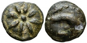 Apulia, Luceria Teruncius circa 217-212, Æ 28mm., 24.47g. Star of eight rays. Rev. Dolphin swimming r.; above, four pellets; below, L. Thurlow -Vecchi...