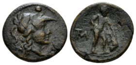 Apulia, Mateola Uncia circa 210-150, Æ 15mm., 2.56g. Helmeted head of Athena r.; pellet above. Rev. Heracles standing r., leaning on club; monogram l....