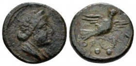 Apulia, Orra Biunx circa 210-150, Æ 14mm., 2.94g. Bust of Venus r., wearing stephane and wreath; on shoulder, sceptre. Rev. Dove flying r., holding wr...