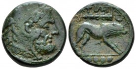 Apulia, Teati Quadrunx circa 225-200, Æ 22mm., 11.33g. Bearded head of Heracles r. Rev. Lion advancing r.; below, star and in exergue, four pellets. S...