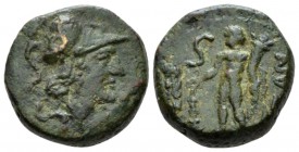 Apulia, Uxentium Semis circa 125-90, Æ 17mm., 6.99g. Helmeted head of Athena r.; spear before. Rev. Heracles standing l., holding club and cornucopiae...