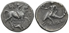 Calabria, Tarentum Nomos circa 240-228, AR 19mm., 6.22g. Nude youth, crowning horse, on horse walking r.; monogram to l. and r.; below, ΦΙΛΟ/ΚΛΗΣ in t...