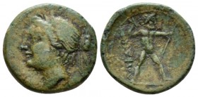 Lucania, Lucani Half unit circa 209-207, Æ 17mm., 3.69g. Diademed head of Nike l. Rev. Zeus striding r., hurling thunderbolt and holding sceptre. Sche...