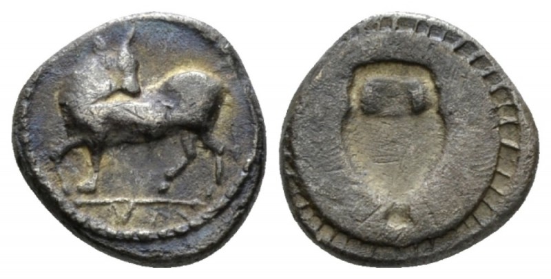 Lucania, Sybaris Triobol circa 550-510, AR 10mm., 1.26g. Bull standing l., head ...