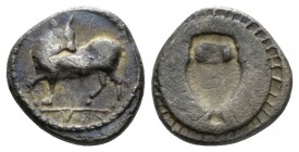 Lucania, Sybaris Triobol circa 550-510, AR 10mm., 1.26g. Bull standing l., head r. Rev. Incuse amphora. Kraay, Coinage pl. IV, 3. Historia Numorum Ita...