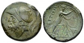 Bruttium, Brettii Double unit circa 211-208, Æ 25mm., 13.97g. Head of Ares l., wearing crested Corinthian helmet decorated with griffin. Rev. Athena a...