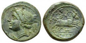 Bruttium, Brettii Half unit circa 211-208, Æ 15mm., 4.66g. Winged and diademed head of Nike l. Rev. Zeus driving galloping biga r.; below, plough. Sch...