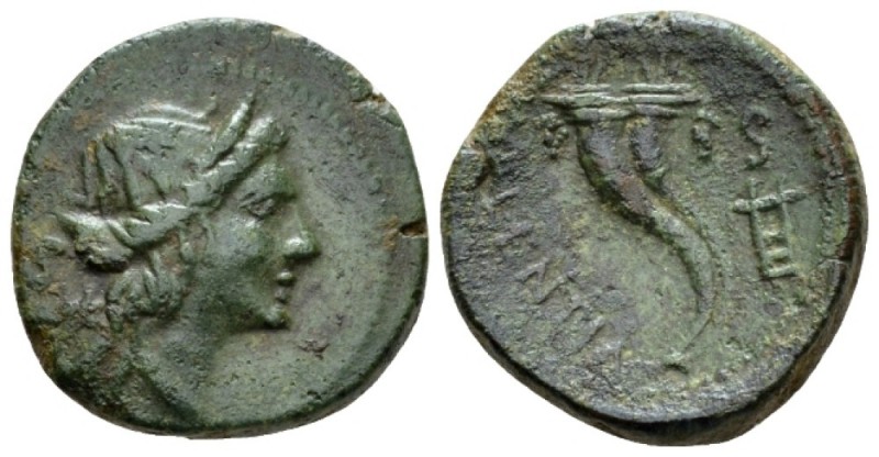 Bruttium, Vibo Valentia Semis circa 193-150, Æ 20mm., 6.58g. Diademed head of He...