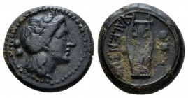 Bruttium, Vibo Valentia Sextans circa 192-89, Æ 14mm., 2.49g. Laureate head of Apollo r.; two pellets behind. Rev. Lyre; two pellets r. SNG Copenhagen...