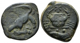 Sicily, Agrigentum Tetras circa 415-406, Æ 21mm., 9.05g. Eagle standing r. on hare, head lowered, wings spread. Rev. Crab; vine leaf above; below, thr...