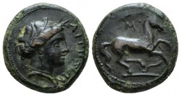 Sicily, Aitna Bronze circa 357-344, Æ 15mm., 4.14g. Female head r. wearing a wreath of grain. Rev. Horse galloping r.. Calciati 6. SNG ANS 1159.

Ni...