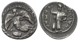 Sicily, Camarina Litra circa 461-435, AR 12mm., 0.65g. Nike flying l.; below, swan. Rev. Athena standing l. holding spear. Westermark-Jenkins 72. Bost...