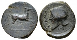 Sicily, Entella Uncia circa 343-339, Æ 14mm., 1.93g. Campanian helmet l. Rev. Horse galloping r. Calciati 5. Virzi 947.

Attractive dark green patin...