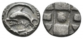 Sicily, Messana as Zankle Litra circa 500-493, AR 11mm., 1.14g. Dolphin swimming l within sickle-shaped harbour. Rev. Shell at centre of patterned inc...