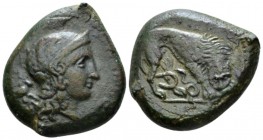 Sicily, Morgantina Hemidrachm circa 339/8-317 BC, Æ 25mm., 16.90g. Helmeted head of Athena r. Rev. Lion r., tearing at stag's head. SNG ANS 47. Calcia...