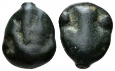 Sicily, Selinus Cast hexas circa 450-440, Æ 16mm., 3.69g. Silenus mask facing. Rev. Celery leaf. Calciati 9. SNG ANS –.

Dark green patina, About Ve...