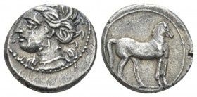 The Carthaginians in Sicily and North Africa, Locri Quarter of shekel circa 215-205, AR 14mm., 1.95g. Head of Tanit-Demeter l., wearing barley wreath....