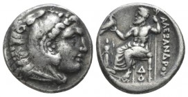 Kingdom of Macedon, Alexander III, 336 – 323 and posthumous issue Lampsacus Drachm circa 328/5-323, AR 16mm., 4.20g. Head of Heracles r., wearing lion...