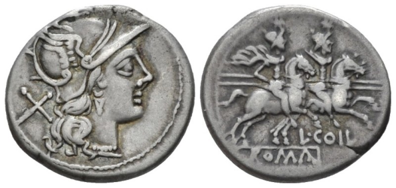 L. Coelius Denarius circa 189-180, AR 19.8mm., 4.02g. Helmeted head of Roma r., ...