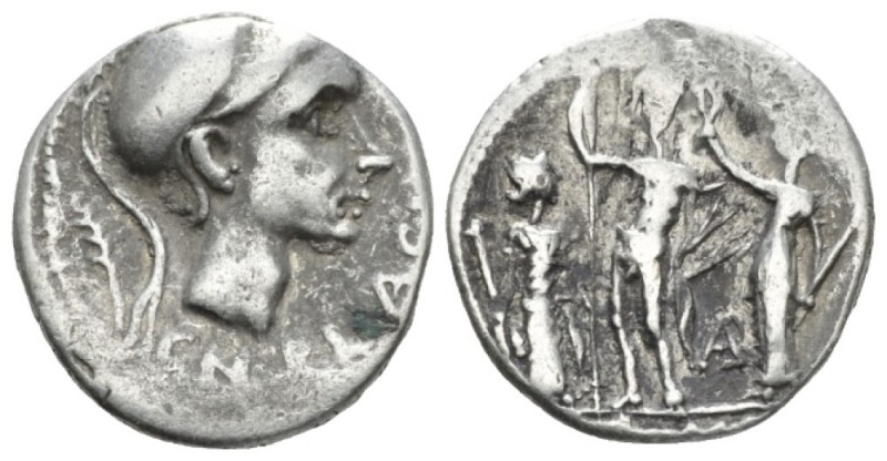 Cn. Blasio Cn. f. Denarius 112 or 111, AR 17.8mm., 3.90g. Helmeted head of Mars ...