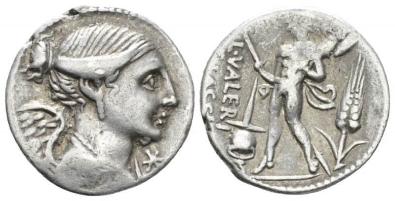 L. Valerius Flacco. Denarius 108 or 107, AR 19mm., 3.81g. Draped bust of Victory...