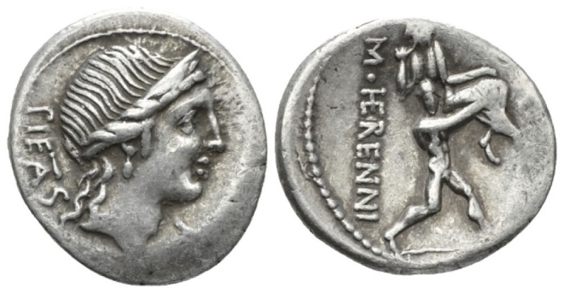 Denarius 108 or 107, AR 18.5mm., 3.86g. PIETAS Diademed head of Pietas r.; befor...