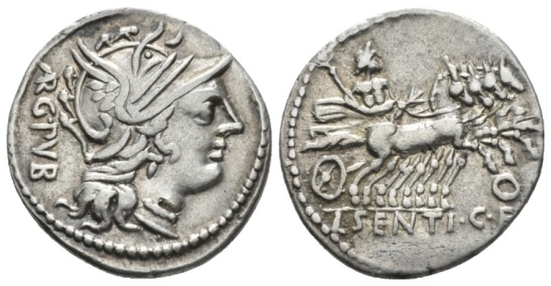 L. Sentius C.f. Denarius circa 101, AR 20mm., 3.86g. Helmeted head of Roma r.; b...