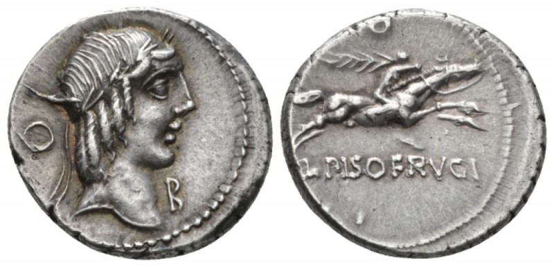 L. Piso Frugi. Denarius circa 90, AR 18mm., 3.83g. Laureate head of Apollo r.; b...