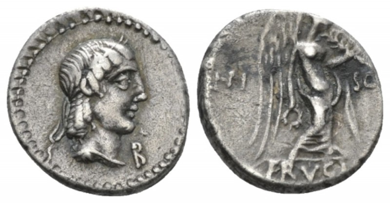 L. Piso Frugi Quinarius circa 90, AR 13mm., 2.05g. Laureate head of Apollo r.; b...