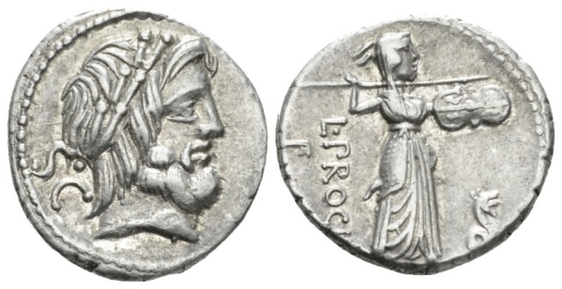 L. Procilius. Denarius circa 80, AR 17.5mm., 3.81g. Laureate head of Jupiter r.;...