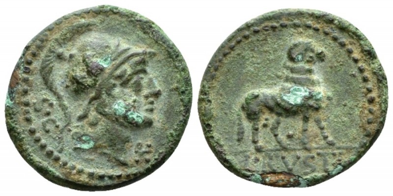 L. Rustius. Bronze Denarius circa 76, Æ 20.5mm., 3.46g. Helmeted head of Minerva...