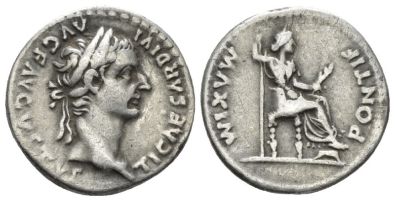 Tiberius, 14-37 Denarius Lugdunum circa 14-37, AR 18mm., 3.44g. Laureate head r....