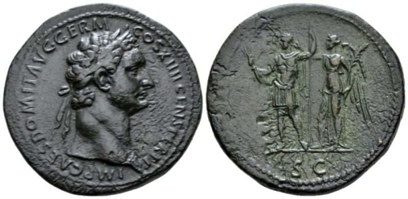 Domitian, 81-96 Sestertius circa 88-89, Æ 36.5mm., 25.62g. Laureate head r. Rev....