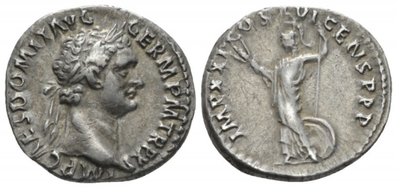 Domitian, 81-96 Denarius circa 92, AR 20mm., 3.33g. Laureate head r. Rev. Minerv...