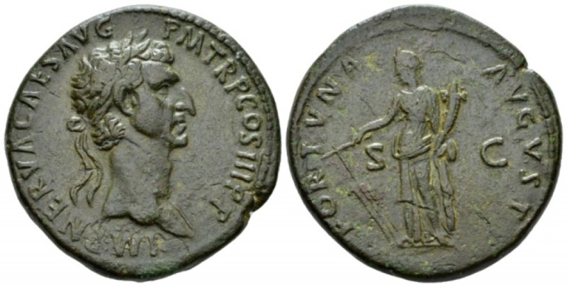 Nerva, 96-98 Sestertius circa 97, Æ 34mm., 27.20g. Laureate head r. Rev. Fortuna...