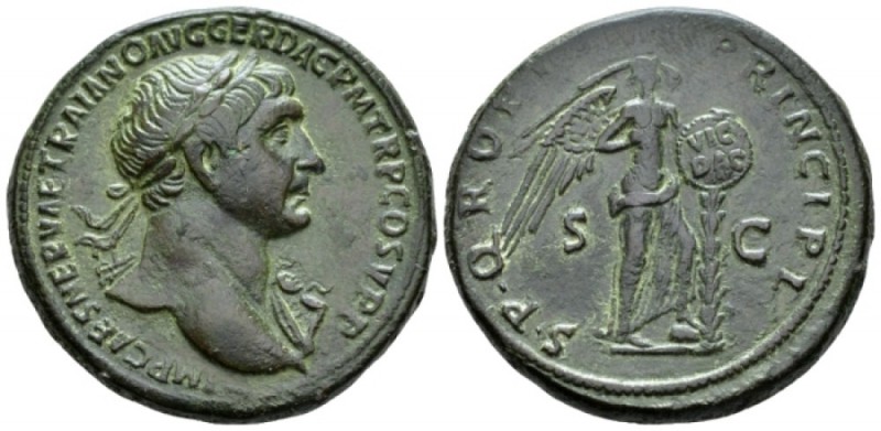 Trajan, 98-117 Sestertius circa 104-107, Æ 35mm., 26.25g. Laureate bust r. weari...