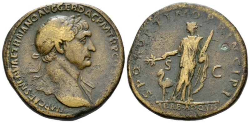 Trajan, 98-117 Sestertius circa 111, Æ 32.5mm., 27.77g. Laureate bust r., with d...